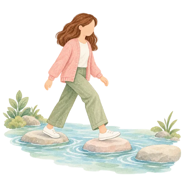 Illustration of a woman stepping from one stone to the next across calm water