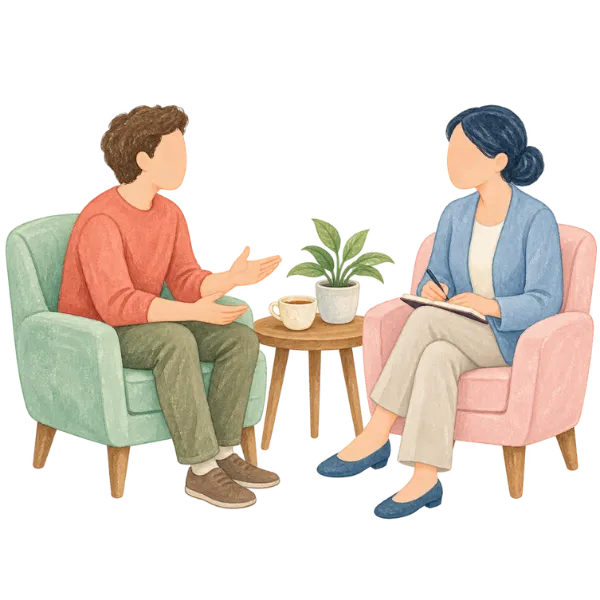 Illustration of a therapist taking notes while a client talks, with a cup of tea on a small table between them