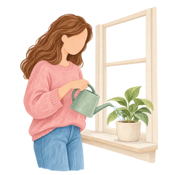 Illustration of a woman watering a small plant on a sunny windowsill
