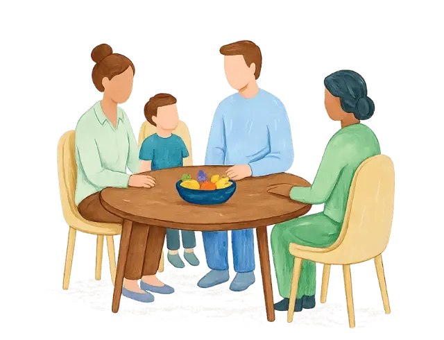 Illustration of a family seated together with a therapist during a family therapy session in Ramsey, NJ