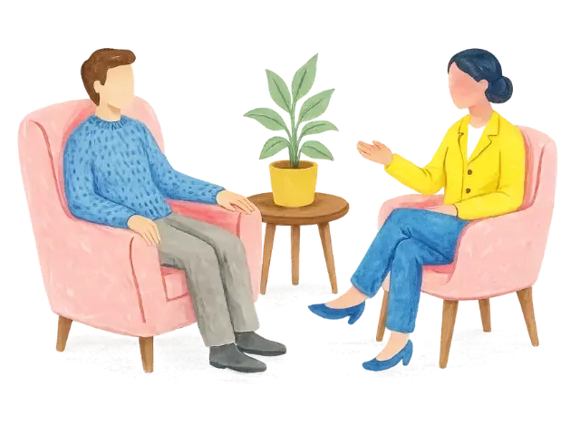 Illustration of a client and therapist seated across from each other during an individual therapy session in Ramsey, NJ