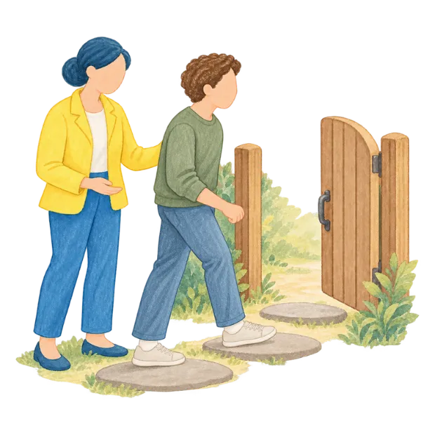 Illustration of a therapist walking beside a young man as he steps along garden stepping stones toward an open gate