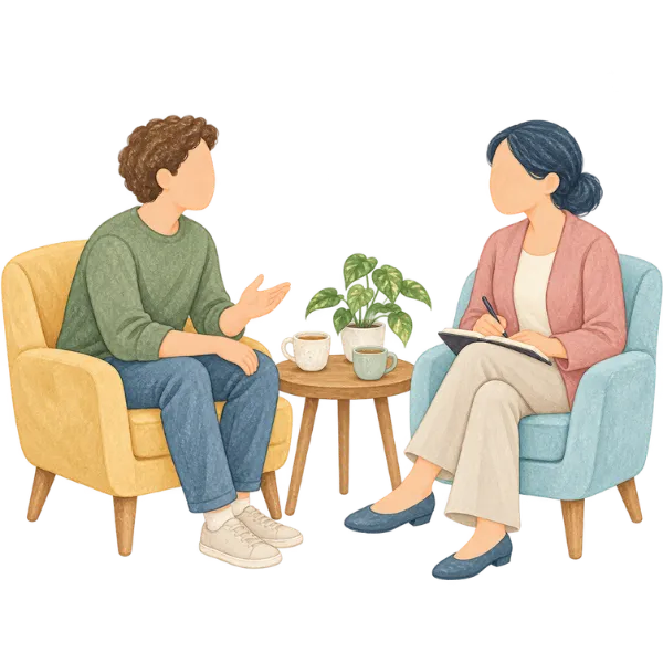 Illustration of a therapist taking notes while a client talks, with cups of tea on a small table between them