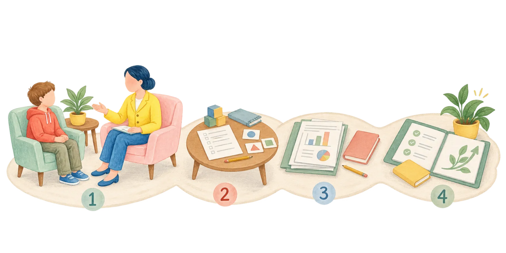 Illustration showing the steps of a psychological assessment at Within Reach Therapy, from first consultation to evaluation and next steps