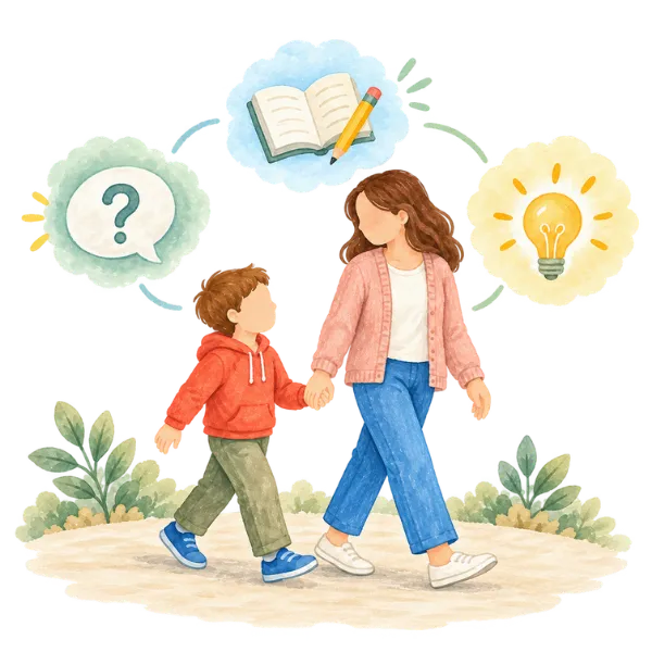 Illustration of a parent and child walking hand in hand beneath icons of a question mark, an open book and a light bulb
