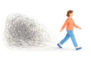 Illustration of a person walking away from a tangled scribble