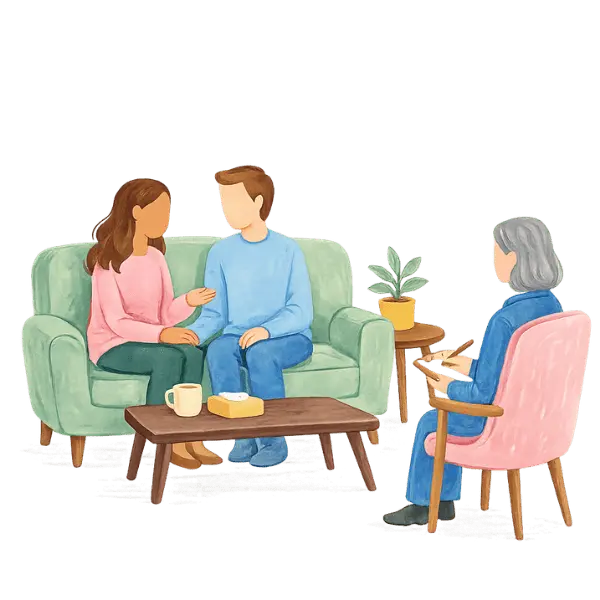 Illustration of a couple in open conversation during a couples therapy session with a therapist in Ramsey NJ and Bergen County