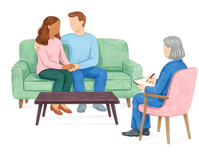 Illustration of a couple seated together on a sofa during a couples therapy session with a therapist in Ramsey NJ and Bergen County