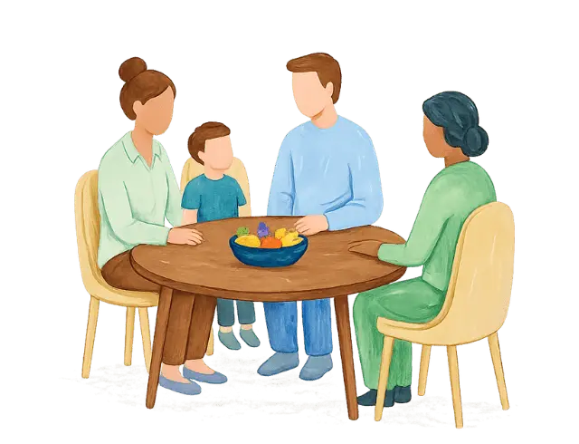 Illustration of a family seated together with a therapist during a family therapy session in Ramsey NJ and Bergen County