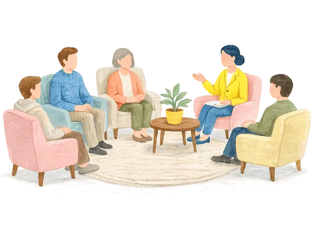 Illustration of a group therapy session with clients and a therapist seated in a circle in Ramsey NJ and Bergen County