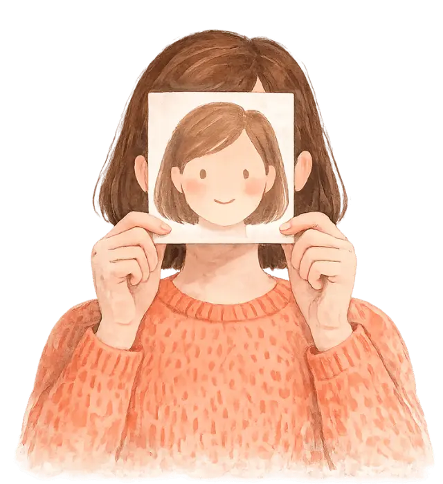 Illustration of a person holding up a smiling self-portrait, representing self-discovery and personalized individual therapy in Ramsey NJ and Bergen County