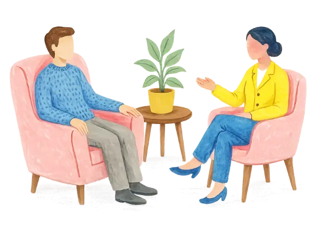 Illustration of a client and therapist seated across from each other during an individual therapy session in Ramsey NJ and Bergen County