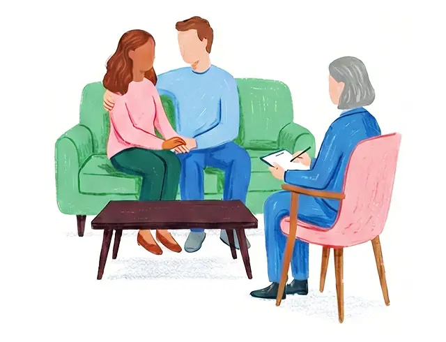 Illustration of a couple sitting together with a therapist in Ramsey NJ and Bergen County, working through relationship challenges in therapy