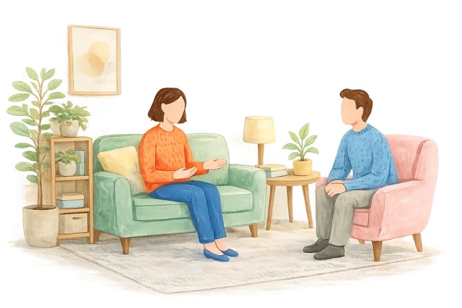 Illustration of a therapist and client in conversation during a therapy session at a psychologist office in Ramsey NJ and Bergen County