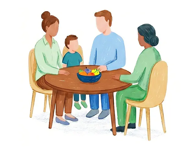 Illustration of a family seated together with a therapist in Ramsey NJ and Bergen County, working through family dynamics in a therapy session