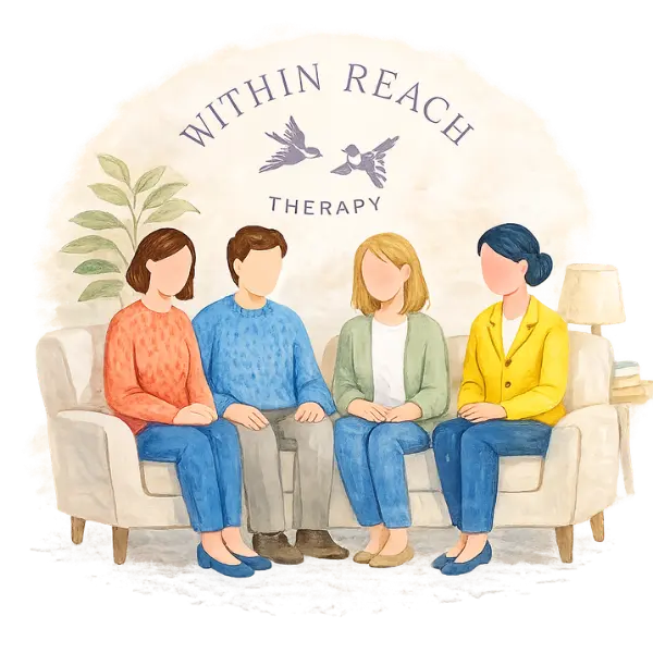 Illustration of the Within Reach Therapy team seated together, representing a welcoming and supportive group of therapists