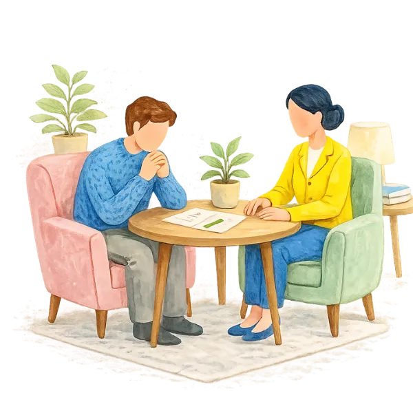 Illustration of a therapist and client seated across from each other at a table during a therapy consultation at Within Reach Therapy
