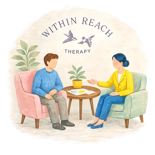 Illustration of a therapist and client in a calm, open conversation during a therapy session at Within Reach Therapy