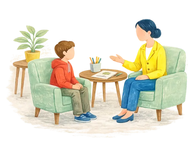 Illustration of a child seated with a therapist during a child and adolescent therapy session at Within Reach Therapy