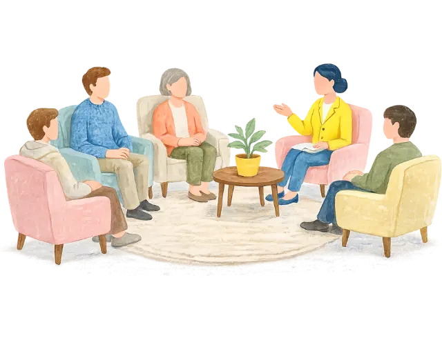 Illustration of a group therapy session with several clients and a therapist seated in a circle at Within Reach Therapy