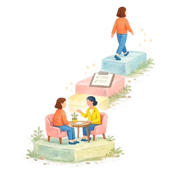 Illustration showing the step by step process of a psychological assessment at Within Reach Therapy, from initial consultation to evaluation and moving forward