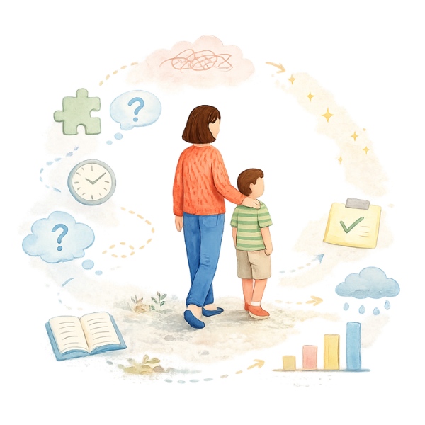 Illustration of a parent and child surrounded by symbols representing questions, learning challenges, and clarity, representing when a psychological assessment can help at Within Reach Therapy